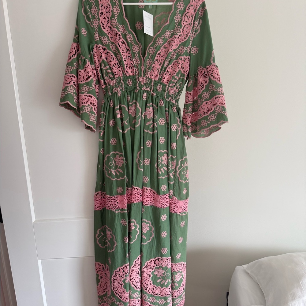 Chic Green and Pink Lace Maxi Dress